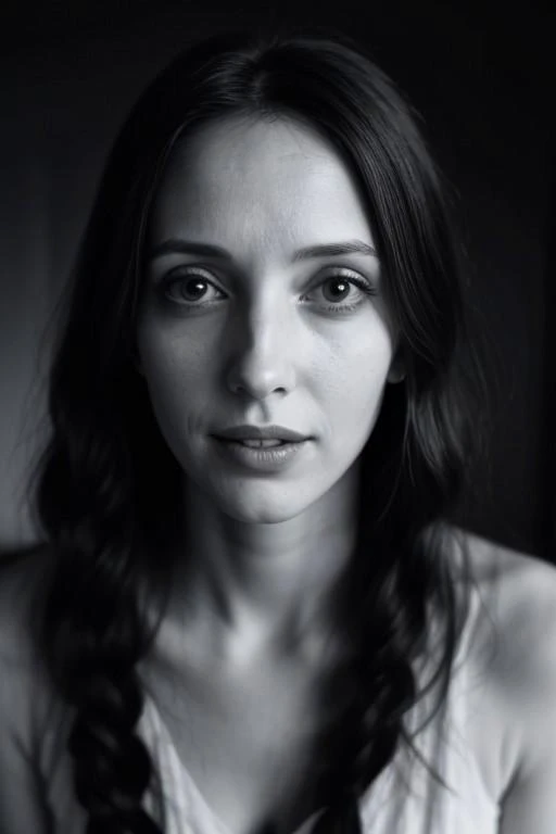 ((pitch black room)), ((pitch black background)), ((greyscale)), masterpiece, 8k, photorealistic, perfect face, highly detailed skin, closed mouth, beautiful woman, small natural propotions, (((pitch black very long thick braided hair))),(((very inspired by Shelley Duvall from the shining))), very shy and introverted but still very seductive in her shyness, nearly unreal incredible catching smile with the special something,