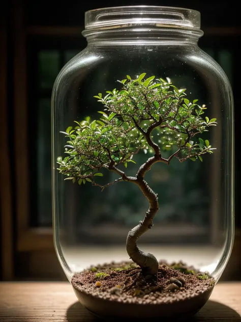 masterpiece, professional photography, close-up of a miniature bonzai tree enclosed in an old glass jar, alchemist's workshop (gloomy atmosphere, dust, details, subdued lighting), cinematic lighting, dramatic, amazing depth of field, shot on Lumix GH5 (cinematic bokeh, dynamic range, vibrant colors)
