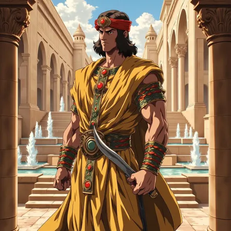 egmid, full body character portrait, in a majestic desert palace filled with marble statues and fountains. The character is a desert prince with flowing robes and a jeweled turban, holding a curved dagger in one hand.