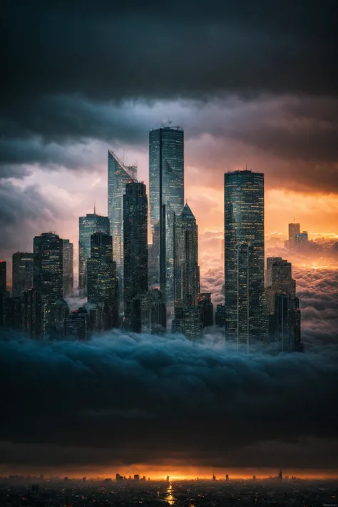 A stormy sky over a cityscape with tall buildings, Tilting, Negative Space, separation light, high key masterpiece, realistic, award winning, volumetric light and fog, neon palette, subsurface scattering, caustics, bloom, perfect exposure, perfect composition, rule of thirds, 8k, hdr10, cinematic, breathtaking, ray tracing <lora:more_details:0.9> <lora:neon_palette_offset:1>