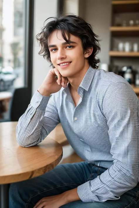a (candid photography:1.4) of young man, age 20, European, very handsome, black hair (messy hair:1.3), skin details, shiny eyes, having an athletic body, wearing a plaid shirt pants jeans, satisfied, smiling, small coffe bar (sitting at the table, a cup of coffee in front of him), shot from a eyes level, soft bounced lighting, depth of field, shot on Canon EOS 5D (bokeh, smooth background)