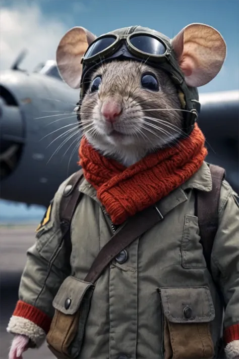 (masterpiece:1.4), professional photograhy, a small gray mouse, stands on two legs
BRAKE
military pilot's jacket
BRAKE
  pilot scarf,
BRAKE
pilot goggles
BRRAKE
bomber as background
BRAKE
upper body shot, (cienematic light:1.3), shot on Lumix GH5 
(cinematic bokeh, dynamic range, vibrant colors)