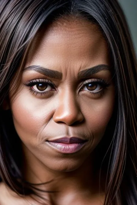 Portrait Photography, A highly detailed close-up of Michelle Obama looking left, with prominent, bright eyes that sparkle with sharpness and contrast against a subtle background, Her skin is flawlessly smooth, An award-winning capture that accentuates her eye color vividly, Use an 85mm lens with ISO 400 for a pinpoint focus on her distinct facial characteristics, Time value set at 1/500 and focal aperture at f/1. 8 to bring her eyes and hair into striking relief with a narrow depth of field, aiming for a very realistic and high-resolution image