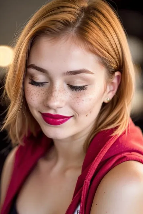 (instant photo:1.6), young woman (age 20), is smiling
BREAK
freckles on the skin
BREAK
(eyes closed)
BREAK
she has dyed orange short straight hair
BREAK
magenta lipstick on lips
BREAK
he is wearing a red hoodie
BREAK
(upper body shot:1.2)
BREAK
(soft lighting:1.3), shot on Lumix GH5 (cinematic bokeh, dynamic range, vibrant colors, kkw-ph1