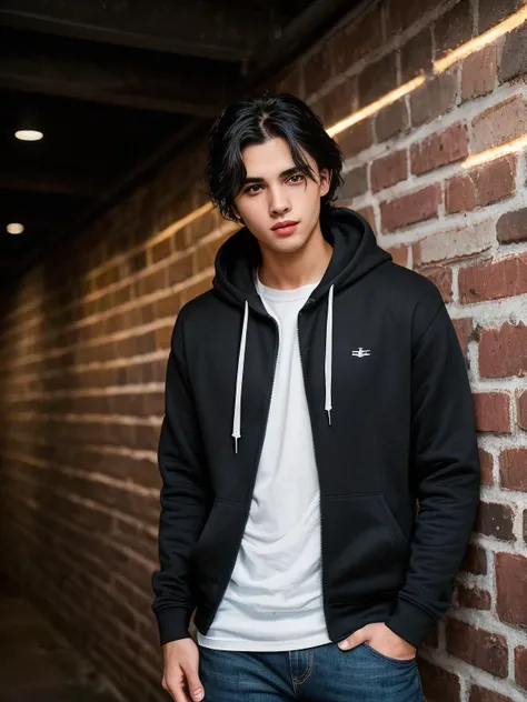 (lifestyle photography:1.3) young man, age 20, European, very handsome, black hair (messy hair:0.5), skin details, eye details, thoughtful shiny eyes, having an athletic body, wearing a sports hoodie, jeans and sneakers, standing against a brick wall in a nightclub, upper body, (hard lighting:1.4) neon light, shot from a eyes level, depth of field, blur in the back, shot on a Lumix GH5 (cinematic bokeh, dynamic range , vibrant colors)