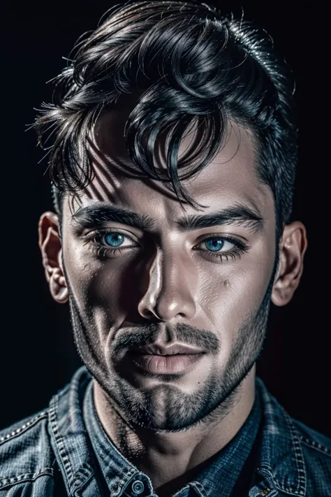 masterpiece , hyper detailed , hyperrealistic ,closeup portrait of a man , (((black background))) , soft studio lighting Sharp, 8k, soft lighting, ,