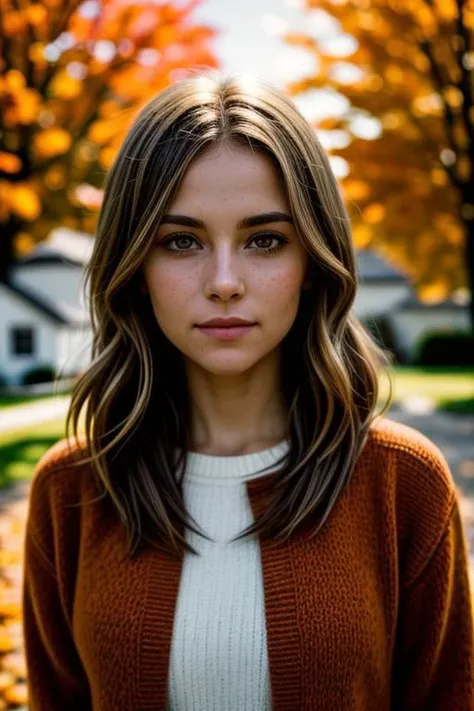 Portrait of Alicia Poirier walking outdoors on warm autumn afternoon focus on eyes. Against the background of the house