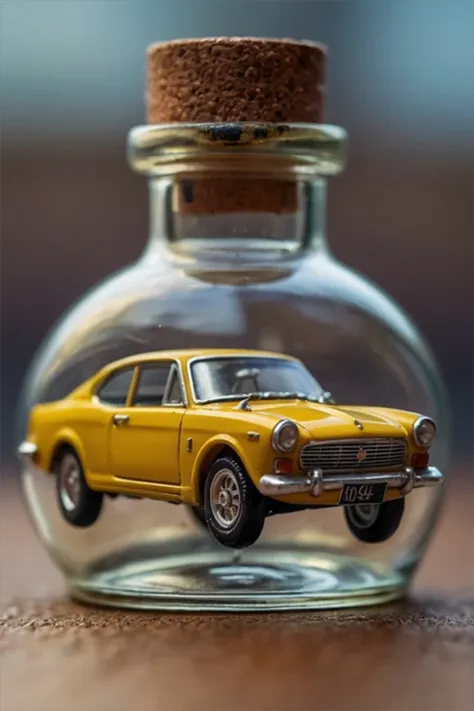 (masterpiece:1.4), professional photography, a close-up a car miniature in bootle, dramatic, (studio lighting), abstract background, amazing depth of field, shot on Canon EOS.