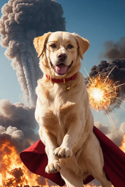 (detailed,realistic,sharp details:1.3),golden retriever wearing a red cape (wearing gold pilot glasses:1.3),intricate fur,flying though the air,super dog, heavenly clouds,action shot,hero dog,explosions in background, fire rising up in background,destruction in background