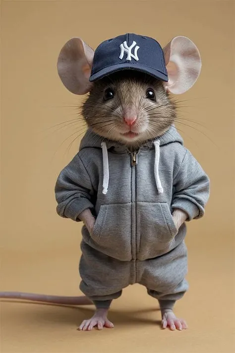 (abstract photography:1.4), a small gray mouse, stands on two legs, wears a sports tracksuit
BRAKE
(hands in pockets:1.3)
BRAKE
baseball cap with logo (("NY"))
BREAK
full body, (studio lighting:1.2), solid light orange background, shot on Canon EOS (smooth background) with (smooth focus filter: 1.2) : plus inpaint