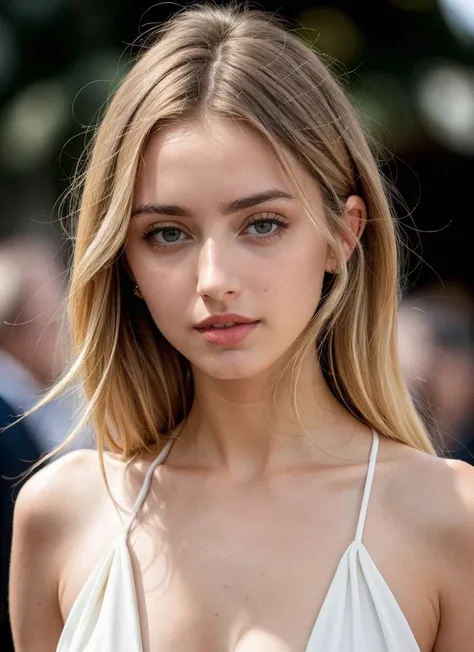 1 fille dans, 19 ans, Seulement, cheveux longs, Colossal , regarder le spectateur, very blond hair , bare shoulders, yeux bleu, bijoux, visage, un collier, off the shoulders, Chandails, Realistic,