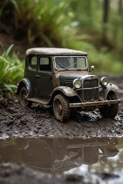 (masterpiece:1.4), professional photo, close-up a old dirt miniature car in mud, forest path (grass, water), dramatic, (natural light:1.2), amazing depth of field, shot on Lumix GH5 (cinematic bokeh , dynamic range, vibrant colors)