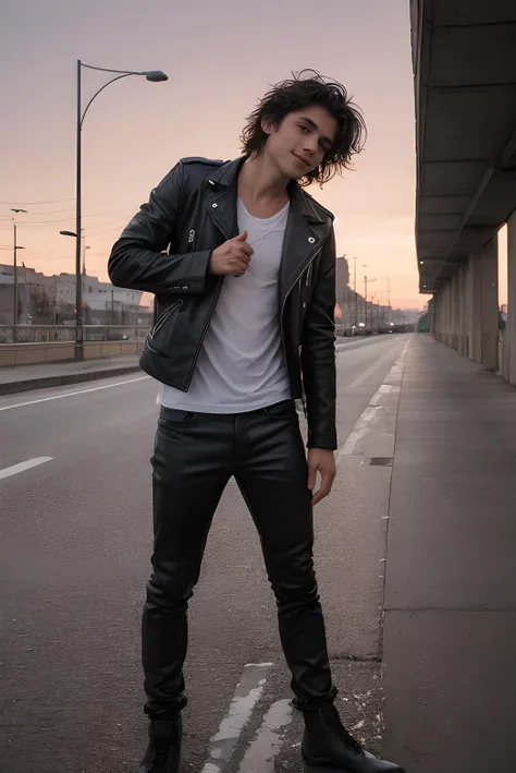 a (lifestyle photography:1.4) of a young man age 20 European, very handsome, black hair (messy hair:1.3), shiny eyes, having an athletic body, wearing a leather jacket leather pants leather shoes, smiling, standing with his back to a concrete wall (matte concrete, cracks) looks at the panorama of a small town, purple sky just before sunrise, shot on upper body, (cinematic light:1.5), shot on Lumix GH5 (cinematic bokeh, dynamic range, vibrant colors)