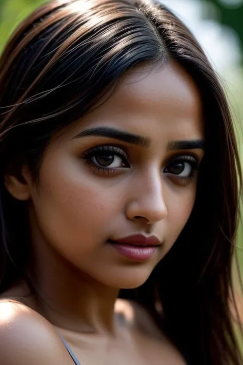 Portrait Photography, A highly detailed close-up of Mandip Gill looking left, with prominent, bright eyes that sparkle with sharpness and contrast against a subtle background, Her skin is flawlessly smooth, An award-winning capture that accentuates her eye color vividly, Use an 85mm lens with ISO 400 for a pinpoint focus on her distinct facial characteristics, Time value set at 1/500 and focal aperture at f/1. 8 to bring her eyes and hair into striking relief with a narrow depth of field, aiming for a very realistic and high-resolution image