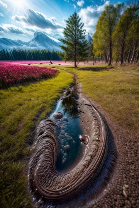 masterpiece, best quality, ultra-detailed, realistic, 8k, pine tree, flowers fields, many kinds of flowers, a couple of rabbits on very distant, lakes, meadows, glitter, daytime, sunlight, a few of clouds, out-of-this-world scenery, lifelike, naturalism, greatest naturalism photo, immaculate detailed realism photography, colorful leaves, rich colors, best colors perfect composition, perfect colors, colorful, clear photo, intrigue nature panorama, delicate nature photo, immaculate micro-details nature elements, (out-of-this-world scenery:1.23), beautiful landscape, beautiful flowers, crystal fantastic, breathtaking beautiful nature, unmatched beauty nature, more nature elements, rich nature elements, beach, (awards winning photography:1.37), trending on artstation, real life photo realistic, perfect proportion, aesthetic, artistic style, surreal, insanely lifelike, top best naturalism photography, greatest detailed, intricate nature details background, depth of field, no human, detailerlora,