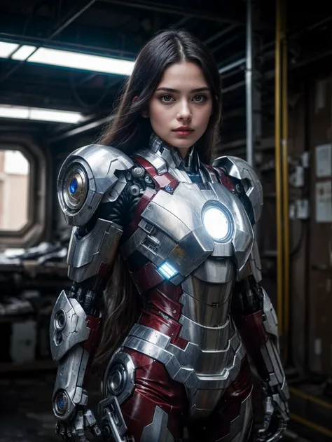 (RAW photo, 4k, masterpiece, high res, extremely intricate) (photorealistic:1.4), cinematic lighting 1girl, solo focus, summer noon, hot, 1990s \(style\),cowboy shot,indoors,the upper part of the body, masterpiece, best quality, masterpiece,best quality,official art,extremely detailed CG unity 8k wallpaper, beautiful detailed eyes, artbook, photo, real, realistic, futuristic knight, (silver, long hair), mecha girl, mechanical parts, space station, Expressive Hues, Vibrant Palette,B lack and white clothes, ironman suit <lora:more_details:0.5> <lora:mecha_offset:1>
