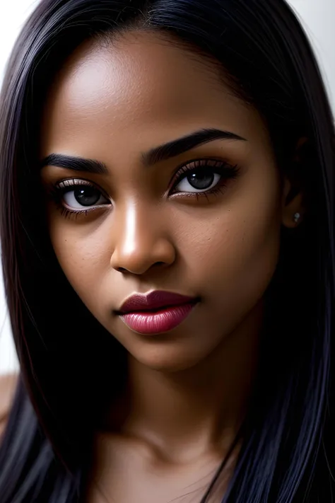 Close up, looking left, happy, Big eyes, sharp shiny eyes, light eyes, contrast eyes. Smooth skin, Capture an award - winning portrait of sexy Mojisola Ayodele, highlighting her distinct eye color against a no contrast background. Use a 85mm lens, ISO 400 for sharp focus on her clear facial features. Set time value to 1/ 500 and a focal length of f/ 1. 8 to highlight the eyes and hair, providing a shallow depth of field. --ar 2:3 --s 300