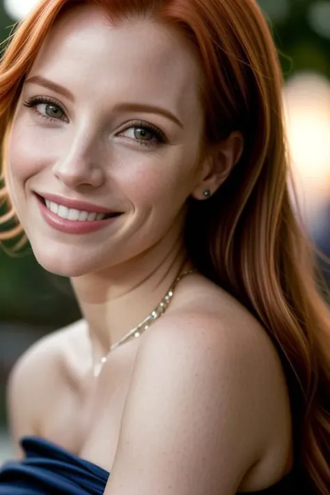 Jessica Chastain with her hair up dressed in comfortable and attractive clothes with a sexy smile.