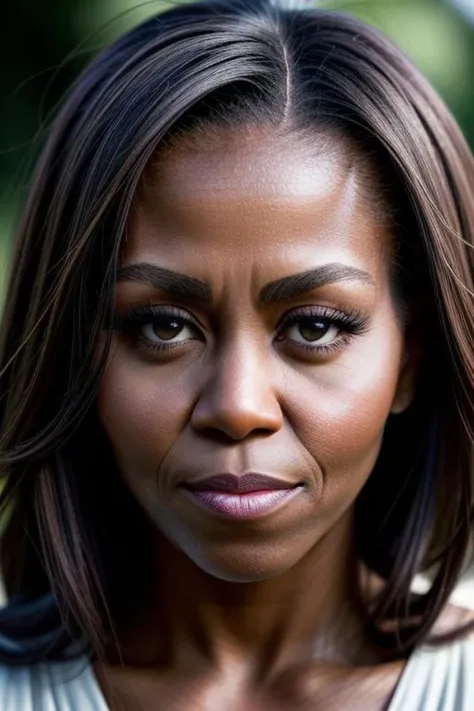 Portrait Photography, A highly detailed close-up of Michelle Obama looking left, with prominent, bright eyes that sparkle with sharpness and contrast against a subtle background, Her skin is flawlessly smooth, An award-winning capture that accentuates her eye color vividly, Use an 85mm lens with ISO 400 for a pinpoint focus on her distinct facial characteristics, Time value set at 1/500 and focal aperture at f/1. 8 to bring her eyes and hair into striking relief with a narrow depth of field, aiming for a very realistic and high-resolution image