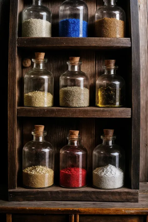 magical potions, sorcery items, ancient magical wooden shelf, magic, magical glow, magical ingredients, glowing, fluorescent, colorful, dark, particles in air, dusty, old, worn, messy, film grain, intricate,
best quality, high quality, masterpiece, absurdres, highres, intricate details,
<lora:more_details:0.7>