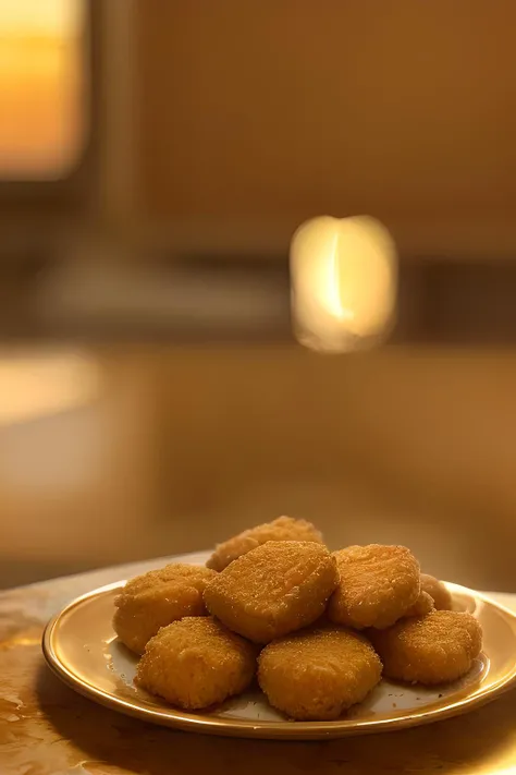 (masterpiece:1.5), professional food photography, close-up of a plate of crispy chicken nuggets, kitchen background (details), dramatic, (warm golden hour lighting:1.5), shot on Canon EOS (smooth background) with Ektar 100 film, with a (soft focus filter:1.3)