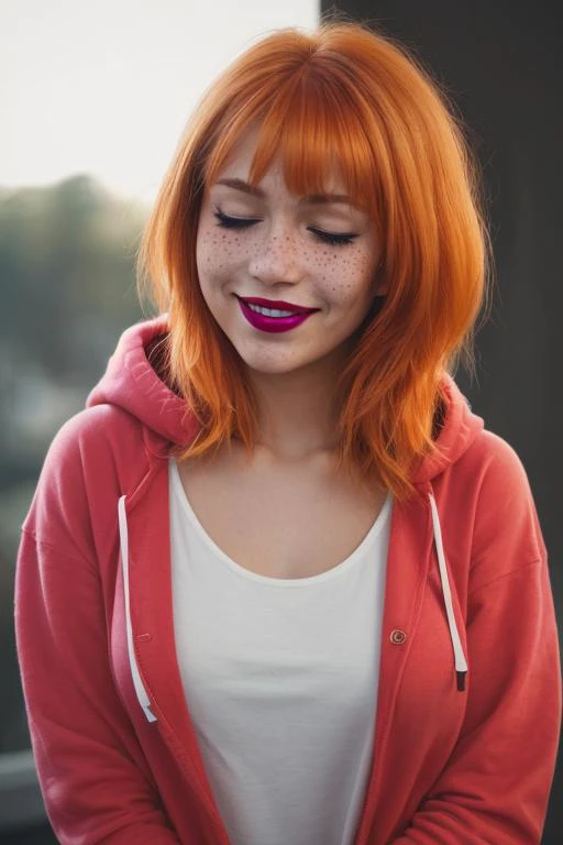 (instant photo:1.6), young woman (age 20), is smiling
BREAK
freckles on the skin
BREAK
(eyes closed)
BREAK
she has dyed orange short straight hair
BREAK
magenta lipstick on lips
BREAK
he is wearing a red hoodie
BREAK
(upper body shot:1.2)
BREAK
(soft lighting:1.3), shot on Lumix GH5 (cinematic bokeh, dynamic range, vibrant colors