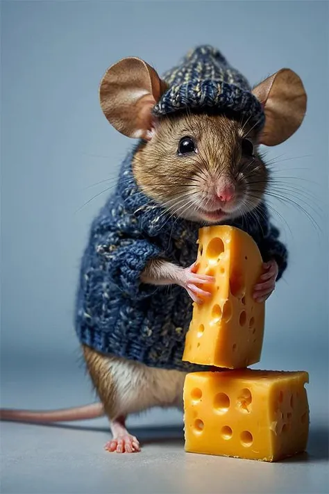 (abstract photography:1.4), a small gray mouse, stands on two legs, wears a woolen sweater, a woolen hat, eats a piece of cheese,
full body, (studio lighting:1.2), light blue background, hot on Canon EOS (smooth background) with (smooth focus filter: 1.2)  : plus inpaint