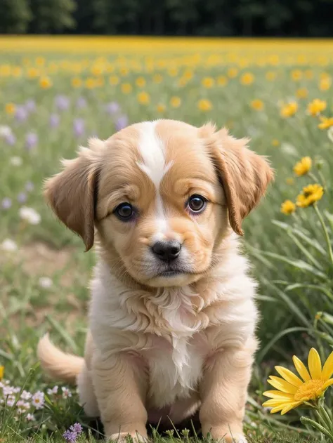a photo of a cute little puppy surrounded by beautiful flowers in a meadow, extremely detailed fur,(close up:1.1)