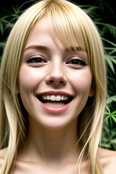 Smiling blonde lives surrounded by marijuana