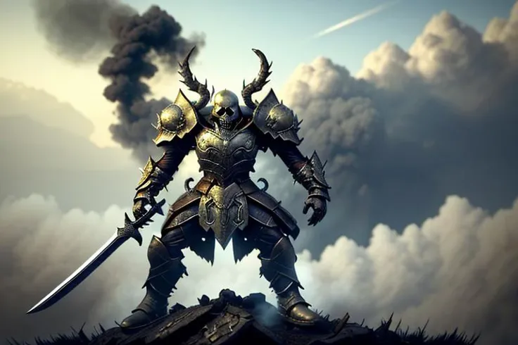 Battle-hardened warrior wearing battered but functional armor, covered in ash and dust, clutching a bloodied sword raised towards sky above fallen dragon corpse, flames slowly dying down revealing scarred terrain beneath smoke clouds, fiery eyes reflecting pride and relief, subtle hints of greenery pushing through blackened soil signifying hope for renewal, dramatic lighting enhancing depth perception and contrast between heroic figure and defeated enemy, best quality rendering, bloody sword, in the style of sk3ll3t0n