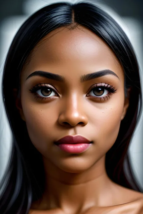 Close up, looking left, happy, Big eyes, sharp shiny eyes, light eyes, contrast eyes. Smooth skin, Capture an award - winning portrait of sexy Mojisola Ayodele, highlighting her distinct eye color against a no contrast background. Use a 85mm lens, ISO 400 for sharp focus on her clear facial features. Set time value to 1/ 500 and a focal length of f/ 1. 8 to highlight the eyes and hair, providing a shallow depth of field. --ar 2:3 --s 300
