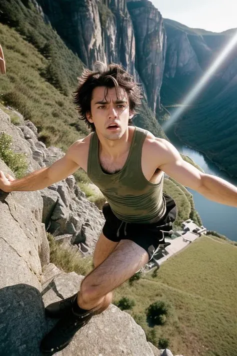 a (lifestyle photography:1.4) of a young man age 20 European, very handsome, black hair (messy hair:1.3), shiny eyes, having an athletic body, is scared because he loses balance and is about to fall into the abyss (his eyes are wide open and his mouth is slightly open), wearing jersey tank top, camouflage shorts, casual dress boots, standing on a high rock with arms spread (looking towards the camera lens), spring morning, shot on upper body, (cinematic light:1.5), shot on Canon EOS D5 with Ektar 100 film (soft focus filter:1.3)