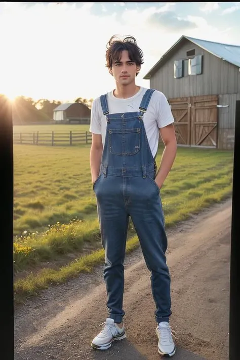Full body shot of A shirtless tall handsome 24 years old young man is standing confidently amidst a garden of white flowers. The flowers, with their vibrant yellow centers, add a pop of color to the scene. The man is wearing a pair of overalls and show his underwear, and his gaze is directed straight at the camera, creating a direct connection with the viewer.