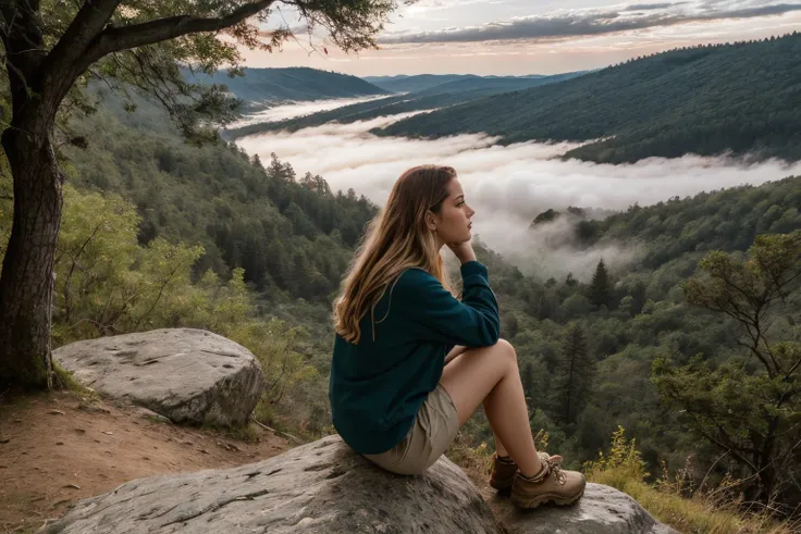 young pretty woman, pensive expression