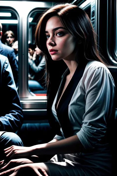 The scene opens late at night on a nearly deserted New York subway train, the soft glow of dim lights casting eerie shadows across the faces of the few remaining passengers. The camera focuses on Joel and Lana, seated beside each other on a bench seat, her hand resting gently on Joel's thigh. She turns to look at him with an expression of intense curiosity and allure, her eyes locked onto his she leans in as she asks, "What's on your mind?" Inspired by a similar scene with Lana and Joel from the movie Risky Business. Paul Brickman, Bruce Surtees, music by Tangerine Dream greatly influenced the distinctive style and theme of "Risky Business. trending on artstation, 3D, V-Ray, Maya, photorealistic, octane render, 8k detailed render, unreal engine 5, cinematography, 3D matte painting, cinematic