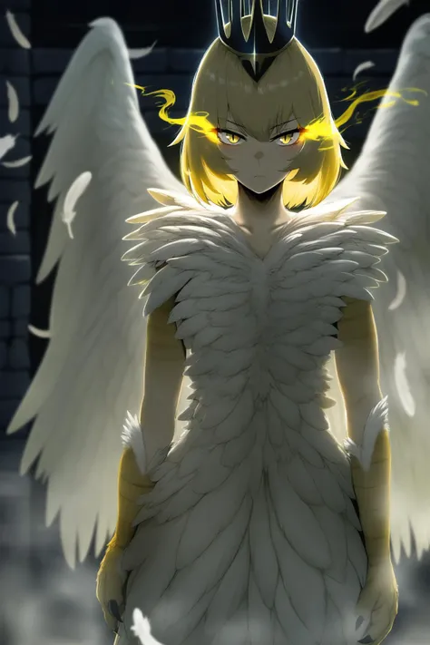 masterpiece, best quality, anime screencap, by hero neisan, by agwing86,
falin touden \(chimera\), 1girl, bird girl, light blonde hair, feathered wings, white feathers, monster girl, slit pupils, yellow eyes, dungeon meshi, feather dress, feather sleeves,
cowboy shot, falling feathers, dark, stone wall, fog, depth of field, black crown, backlighting, steam, flaming eyes, serious