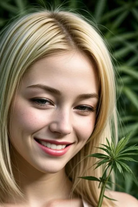 Smiling blonde lives surrounded by marijuana