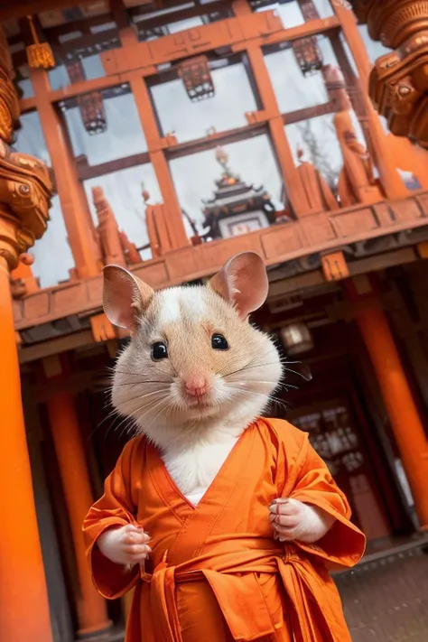 (abstract photo:1.4), a small fat mouse standing on its two hind legs dressed in the robes of a Buddhist monk, stands thoughtfully at the entrance to a Buddhist temple (facing the lens), (shot from a dutch angle:1.8), (cinematic ligting: 1.5),
shot on Lumix GH5 (cinematic bokeh, dynamic range, vibrant colors)