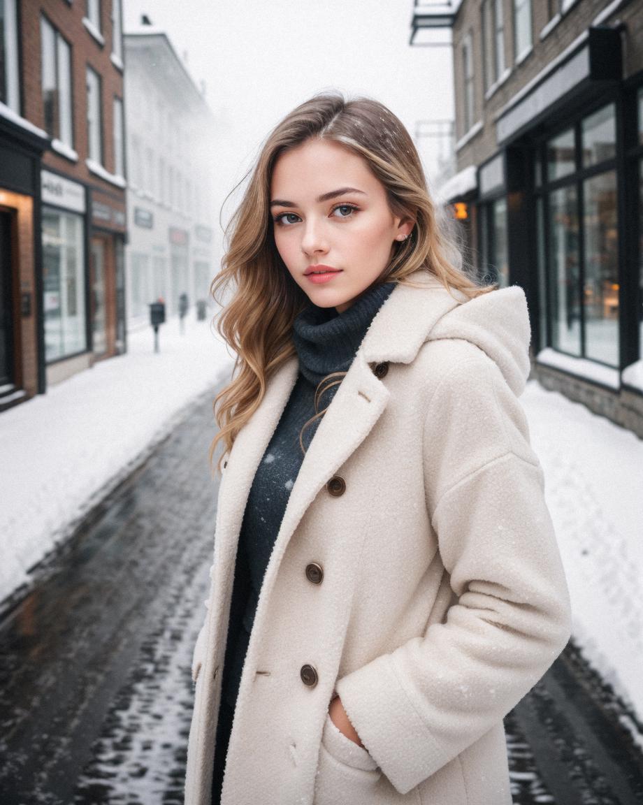 A woman in a coat standing on a snowy street - SeaArt AI