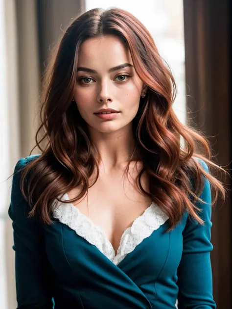 photo of a woman, face is a mix of Ana De Armas and Margot Robbie, red hair