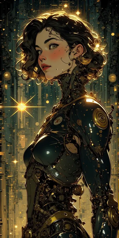 Cinematic style, niji style, ink outlines, cosmic adventure, beautiful princess of cyborg kingdom, black body with golden details, dim glow of cold dead stars, <lora:CPA:1> <lora:BLUE_mk4_angel_FLUX_01:1> <lora:dieselpunk-delight:1>d13s3lp2nk