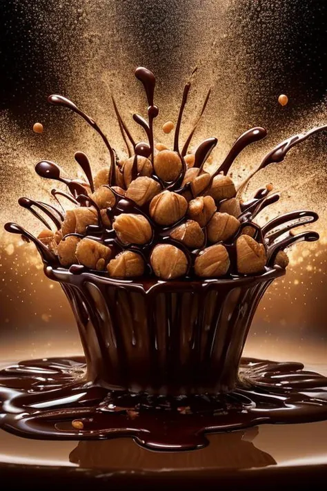 (masterpiece:1.4), professional food photography, close-up of hazelnuts floating in melted dark chocolate (chocolate splash), dynamic shot, real explosion of flavor, dramatic, (cinematic ligting:1.5),
shot on Canon EOS ( smooth background) with Ektar 100 film, with a (soft focus filter:1.3)