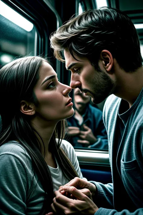 a cinematic scene capturing an interaction between a young man and a woman on a train, inspired by a similar scene from a classic movie. The setting is intimate and dimly lit, focusing on the pair with the woman's hand gently resting on the man's thigh as she leans in close, her expression one of intense curiosity and allure. The man appears slightly taken aback, a mix of surprise and intrigue on his face, with the lighting highlighting the closeness of their interaction and the tension in the air.