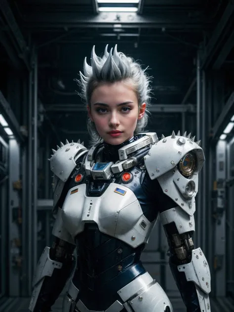 (RAW photo, 4k, masterpiece, high res, extremely intricate) (photorealistic:1.4), cinematic lighting 1girl, solo focus, summer noon, hot, 1990s \(style\),cowboy shot,indoors,the upper part of the body, masterpiece, best quality, masterpiece,best quality,official art,extremely detailed CG unity 8k wallpaper, beautiful detailed eyes, artbook, photo, real, realistic, futuristic_knight, (silver spiked hair), mecha girl, mechanical parts, space station, Expressive Hues, Vibrant Palette,B lack and white clothes,  <lora:more_details:0.5> <lora:mecha_offset:1>