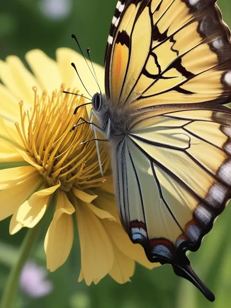 masterpiece, macro photography, close-up of a butterfly on a dandelion flower, amazing depth of field, silhouetted against the bright sky (summer atmosphere light), shot from a below angle, on a Lumix GH5 (cinematic bokeh, dynamic range, vibrant colors)