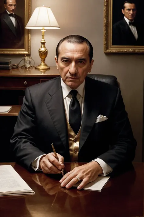 mafia boss at his 50s new york office desk, beautiful oil matte portrait painting, wonderful masterpiece highly detailed, beautiful cinematic light deep focus, elegant, digital painting, smooth, sharp focus, golden ratio, dramatic illumination, ultra realistic, 8k, art by jimmy law