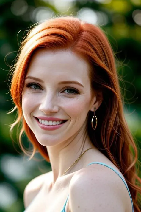 Portrait of Alicia Chastain smiling with bokeh background