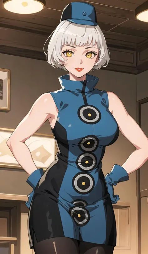 score_9, score_8_up, score_7_up, source_anime, anime screencap, 1girl, solo, indoors, elizabeth from persona 3, short hair, white hair, yellow eyes, blue clothes, blue hat, medium breasts, bare shoulders, bare arms, looking at viewer, eye contact with viewer, facing viewer, smile, closed mouth, arms behind head, armpits, mature female, upper body, sweaty armpits, juicy armpits