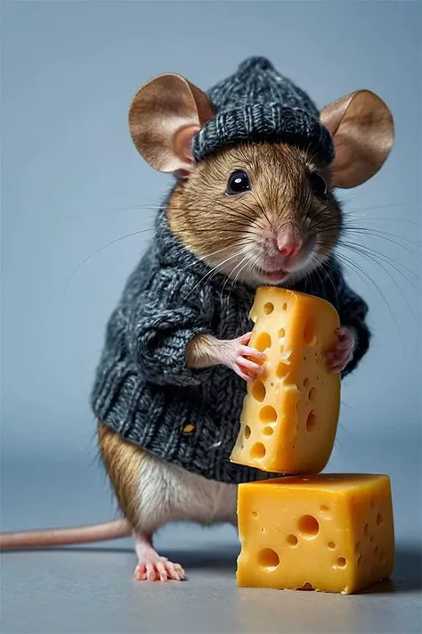 (abstract photography:1.4), a small gray mouse, stands on two legs, wears a woolen sweater, a woolen hat, eats a piece of cheese,
full body, (studio lighting:1.2), light blue background, hot on Canon EOS (smooth background) with (smooth focus filter: 1.2)  : plus inpaint