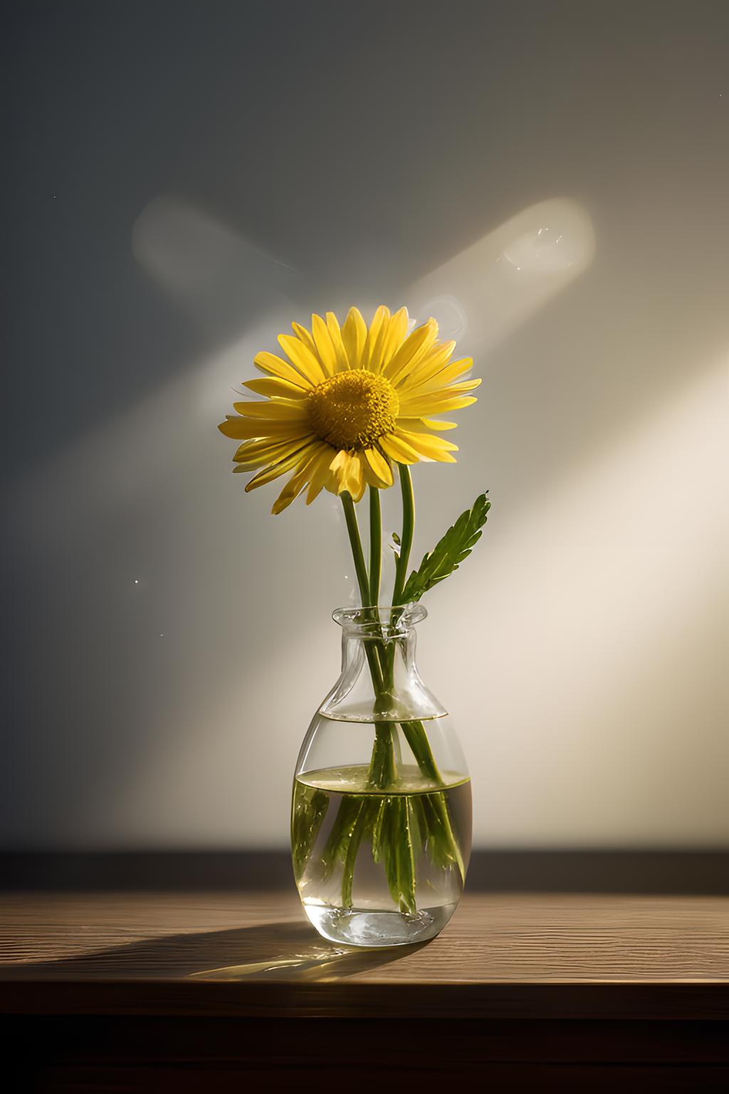 There is a vase with a yellow flower in it on a table - SeaArt AI